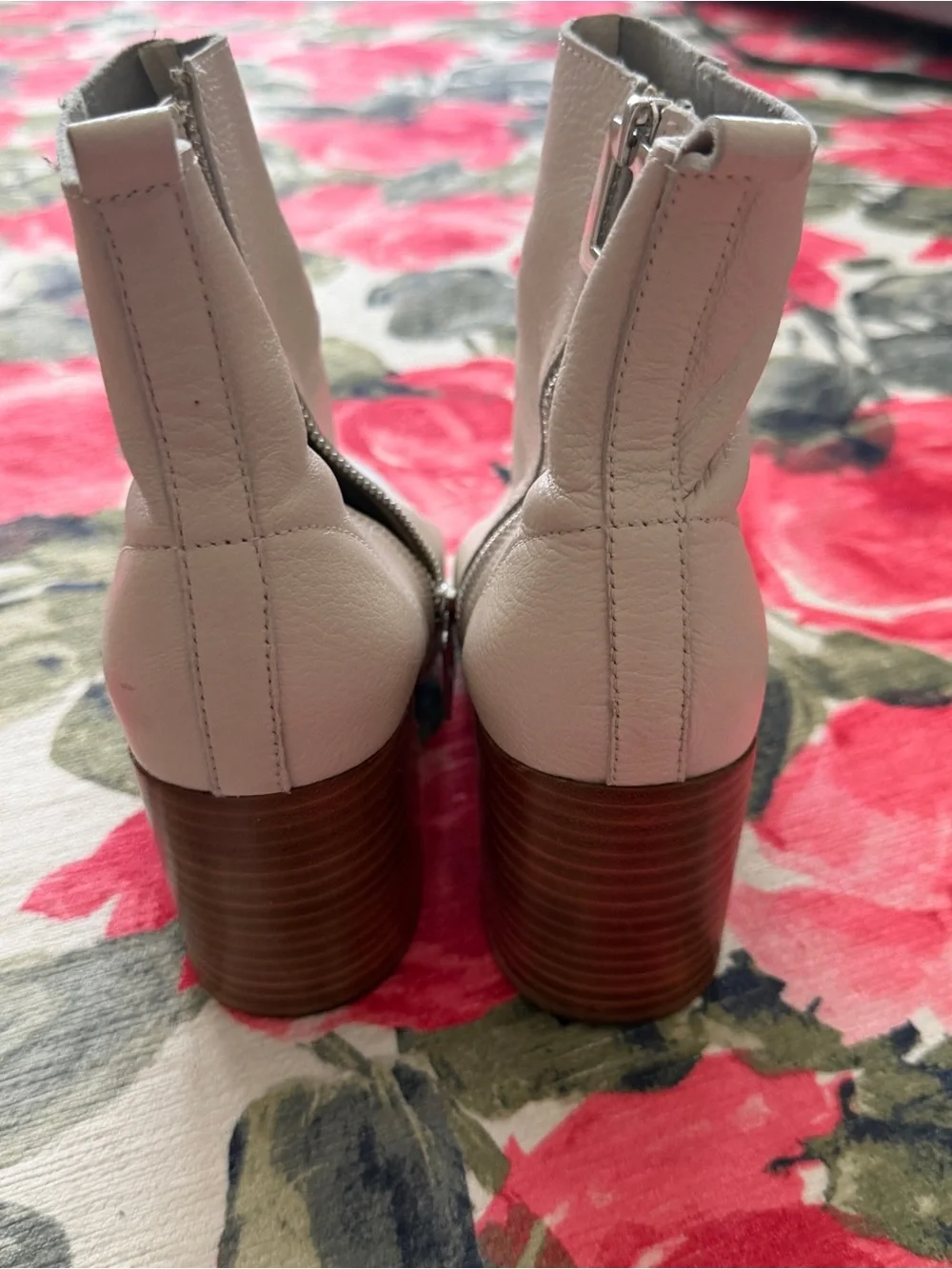 Women's Cream Leather Ankle Boots with Stacked Heel